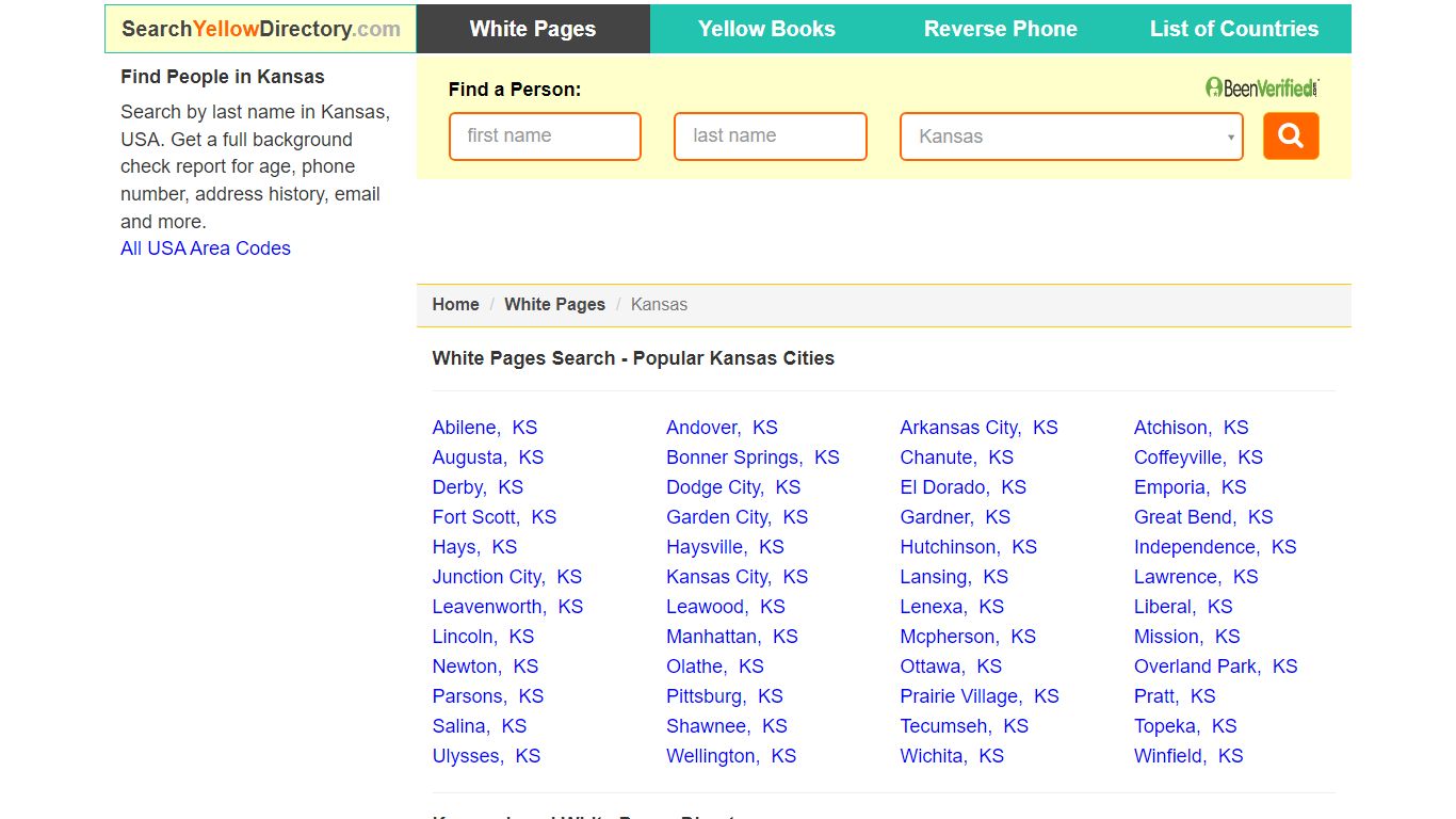 Kansas White Pages Directory, Popular Cities